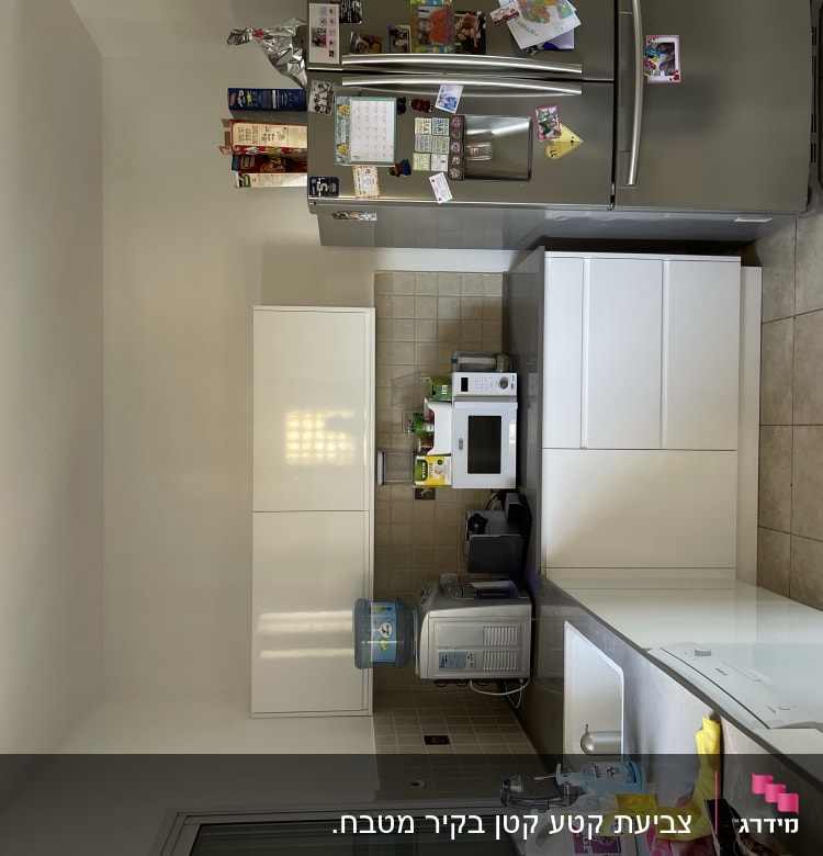 מטבח עם מקרר, מיקרוגל, כיור ומוצרי ניקוי על השיש